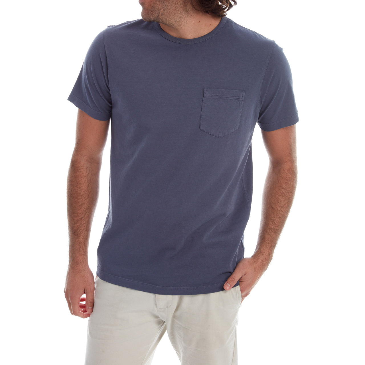 Gavin Garment Dyed Tee in navy color with a patch pocket, showcasing its soft cotton fabric and crew neck design.