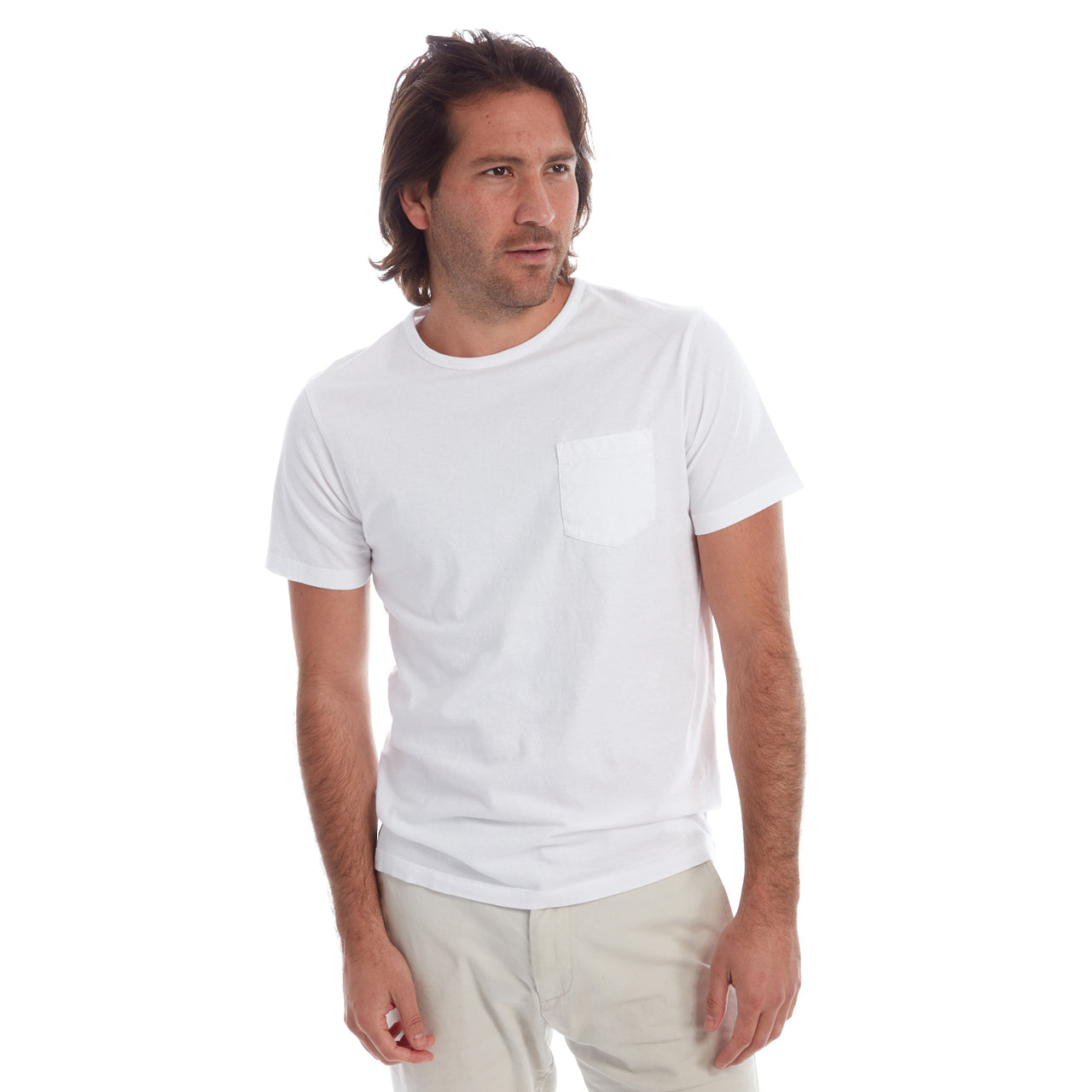 Gavin Garment Dyed Tee in white, featuring a crew neck and patch pocket, made from 100% cotton.