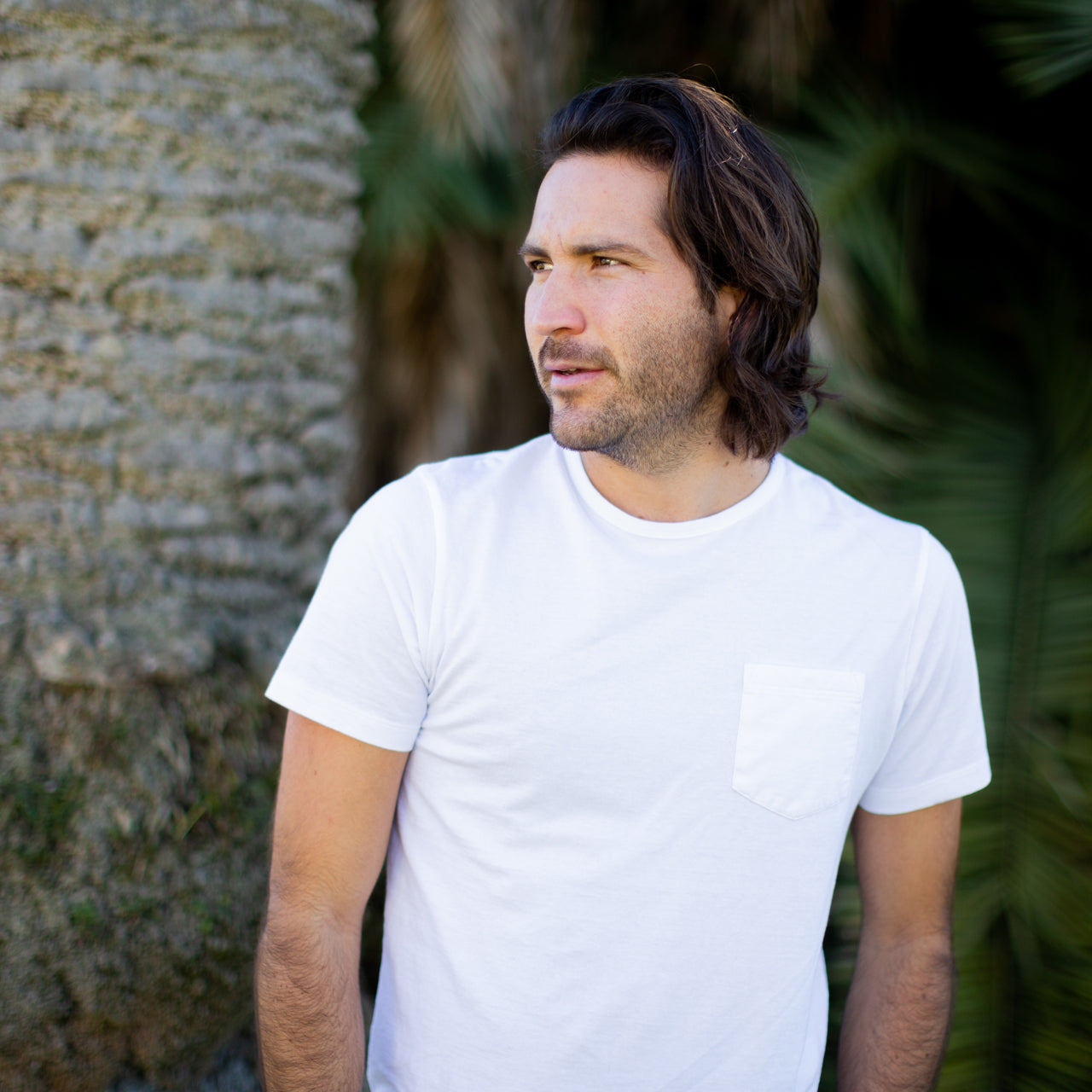 Gavin Garment Dyed Tee in white, featuring a crew neck and patch pocket, made from 100% cotton.