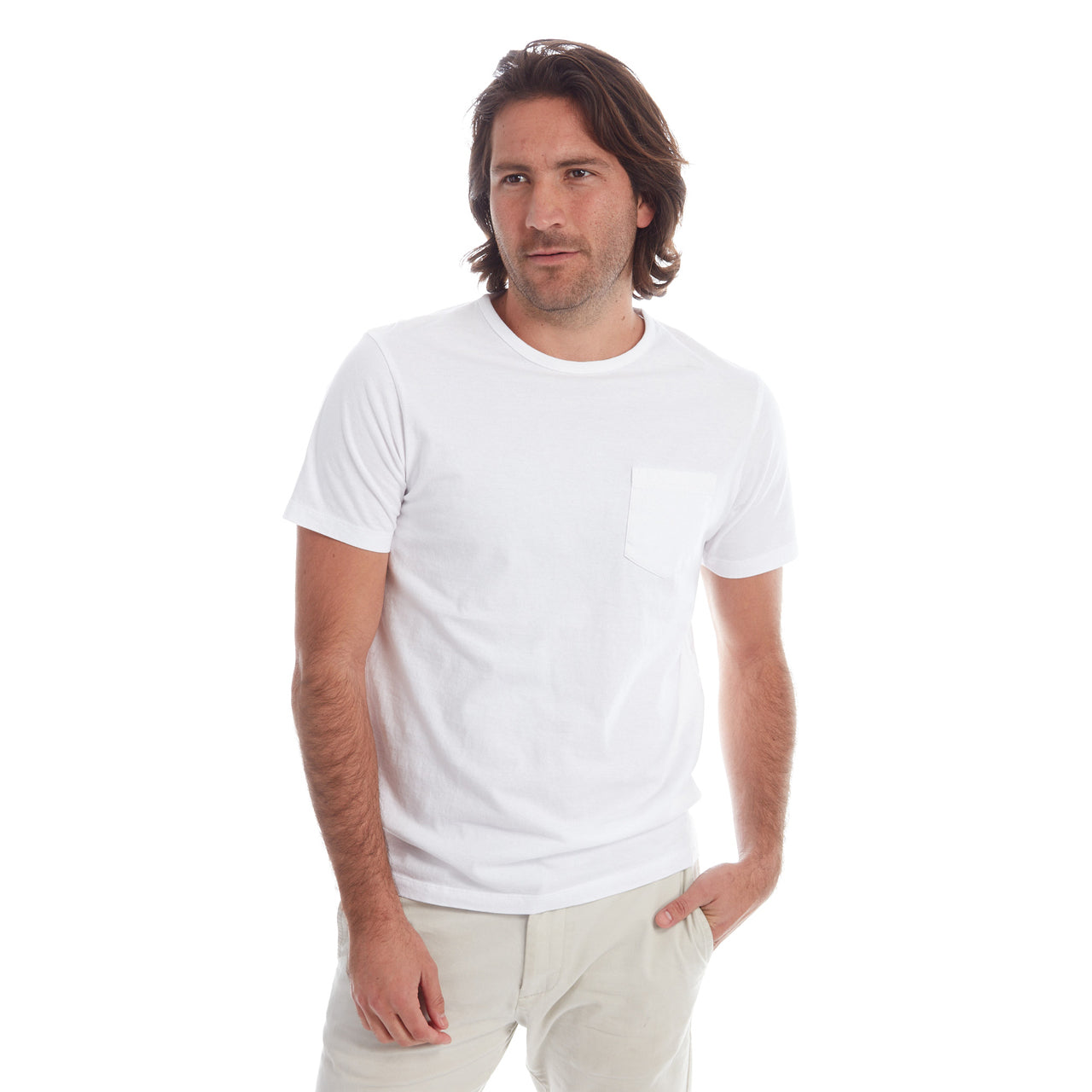 Gavin Garment Dyed Tee in white, featuring a crew neck and patch pocket, made from 100% cotton.