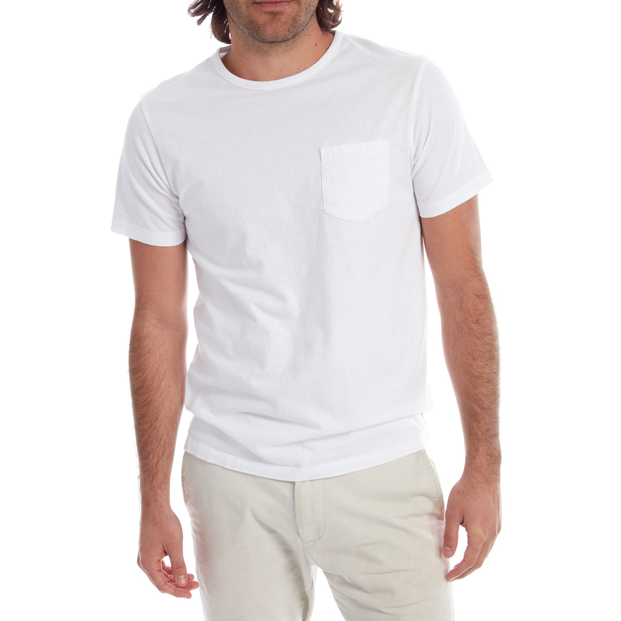 Gavin Garment Dyed Tee in white, featuring a crew neck and patch pocket, made from 100% cotton.