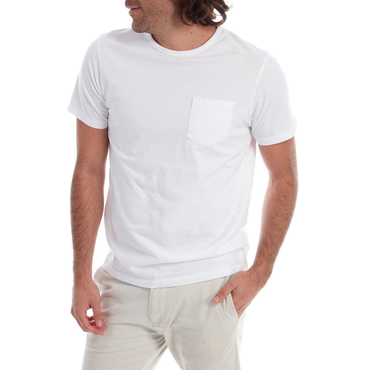 Gavin Garment Dyed Tee in white, featuring a crew neck and patch pocket, made from 100% cotton.