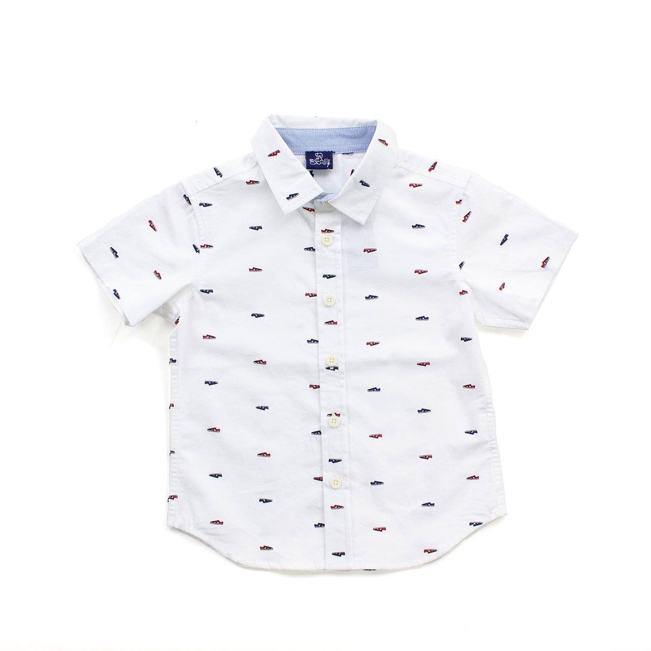 Gilbert Button Down Baby shirt featuring a playful all-over shoe print in white, perfect for young boys.