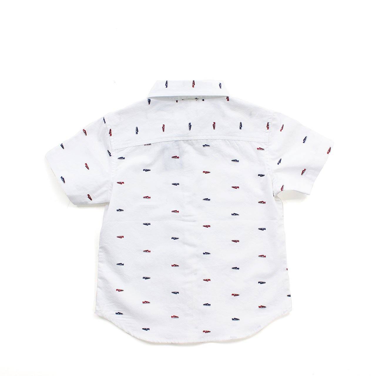 Gilbert Button Down Baby shirt featuring a playful all-over shoe print in white, perfect for young boys.