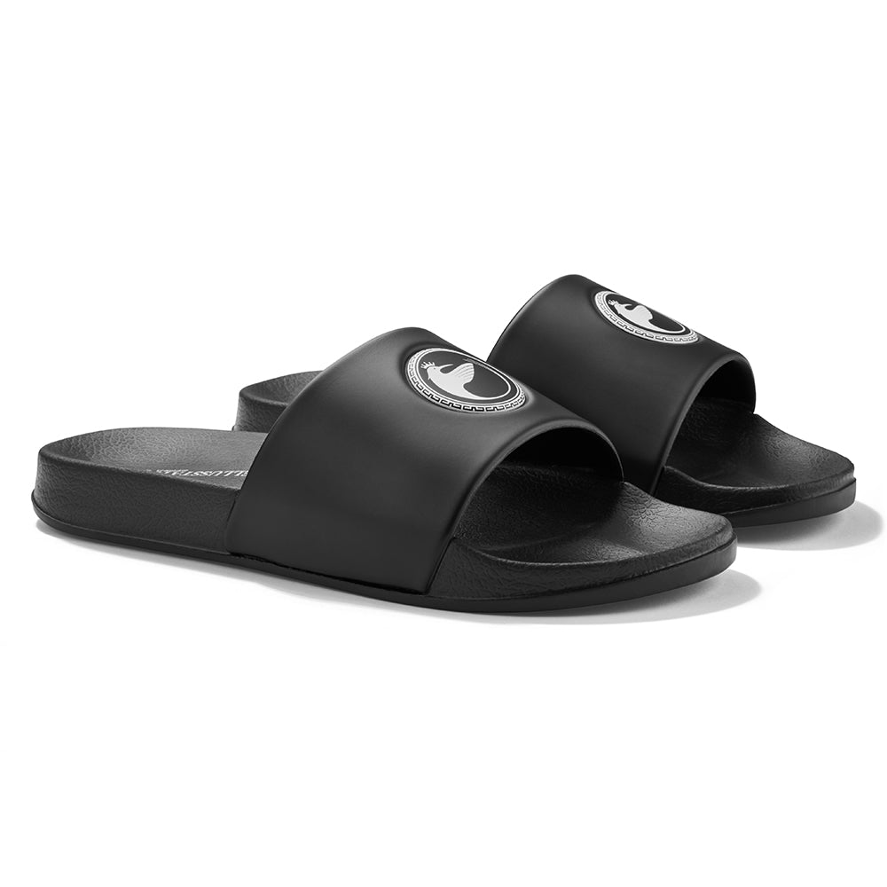 Black God Bird slip-on unisex sliders featuring a wide strap and contoured footbed with a debossed logo.