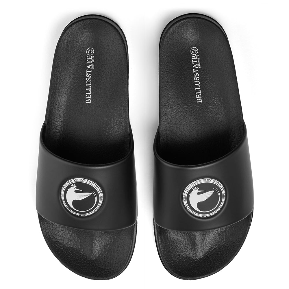 Black God Bird slip-on unisex sliders featuring a wide strap and contoured footbed with a debossed logo.