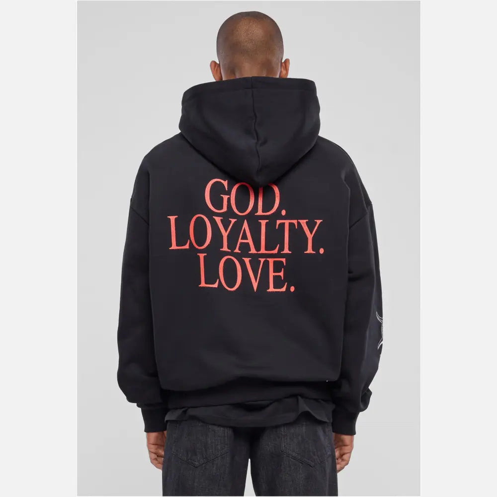 Black God Loyalty Love Ultra Heavy Oversize Hoodie made from 100% cotton, featuring a bold loyalty design.