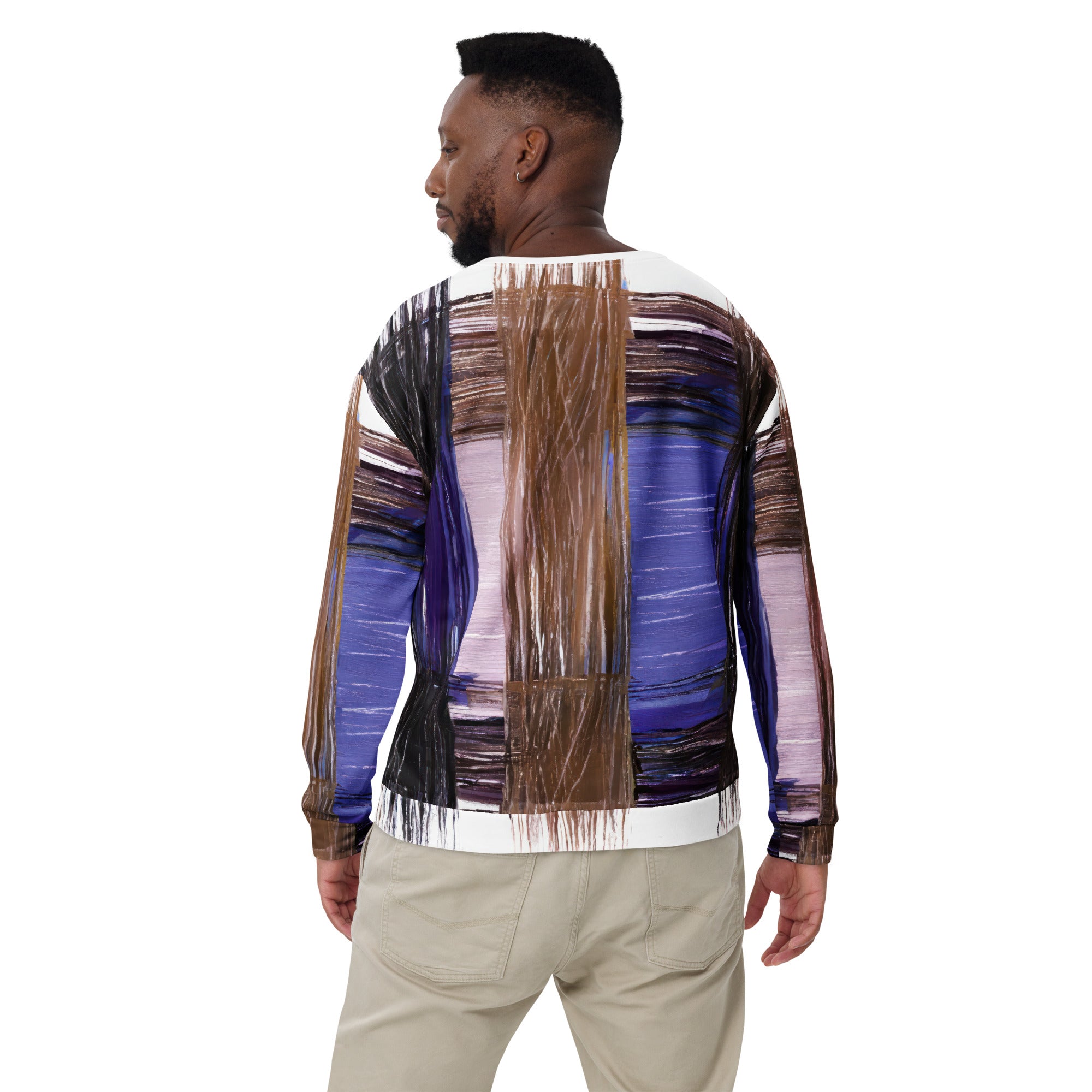 Men's graphic sweatshirt in rustic brown with interweave print, featuring a crew neck and front pouch pocket.