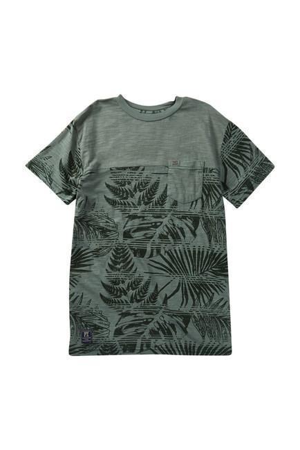 A vibrant green Hawaiian print pocket tee, perfect for summer wear, featuring a stylish design and comfortable fit.