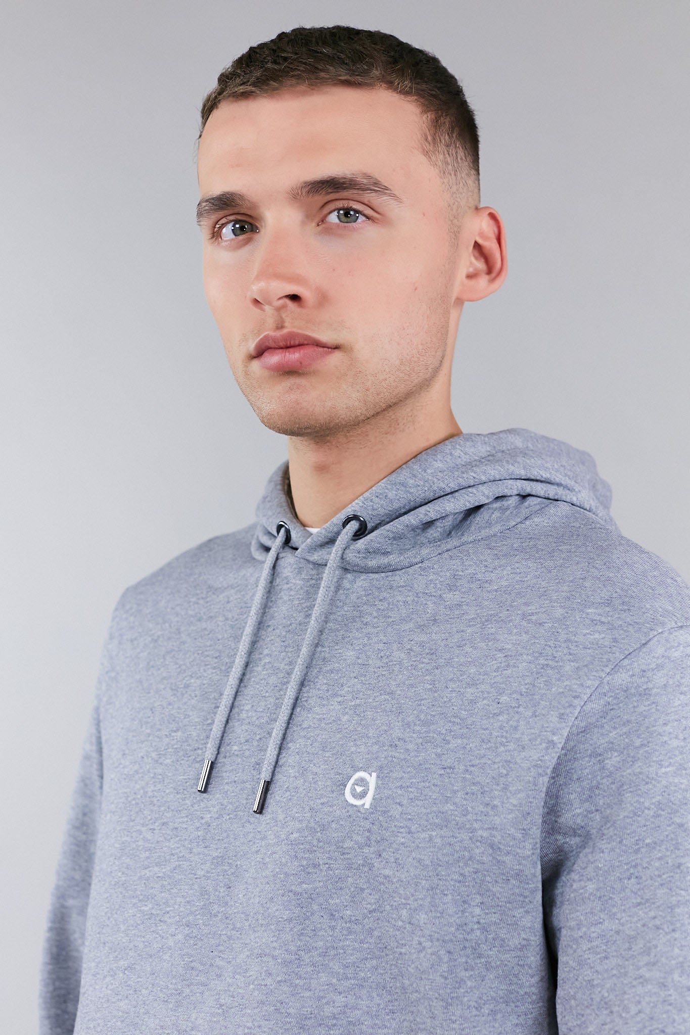 A grey hoodie featuring the altid embroidered logo, made from 100% organic cotton, showcasing a drawstring hood and regular fit.