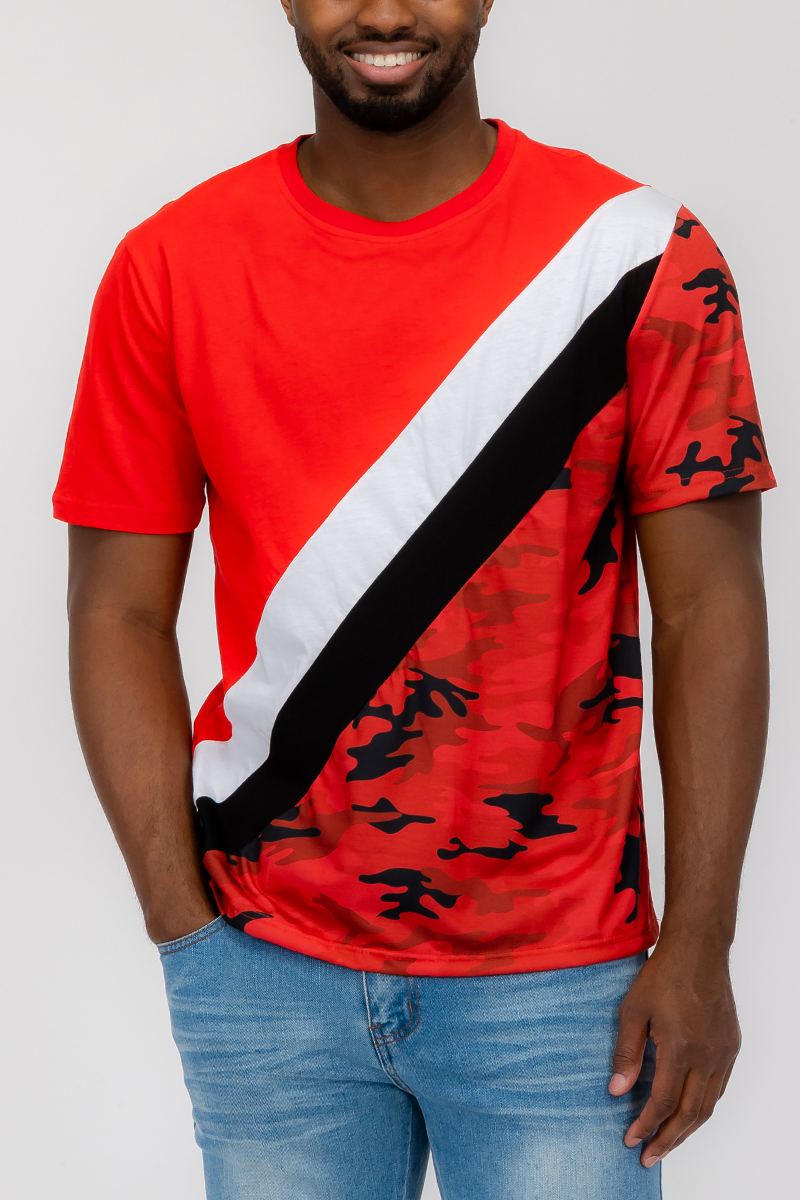 Half Camo Color Block T-shirt featuring solid and camo patterns, made from 100% cotton, perfect for casual wear.