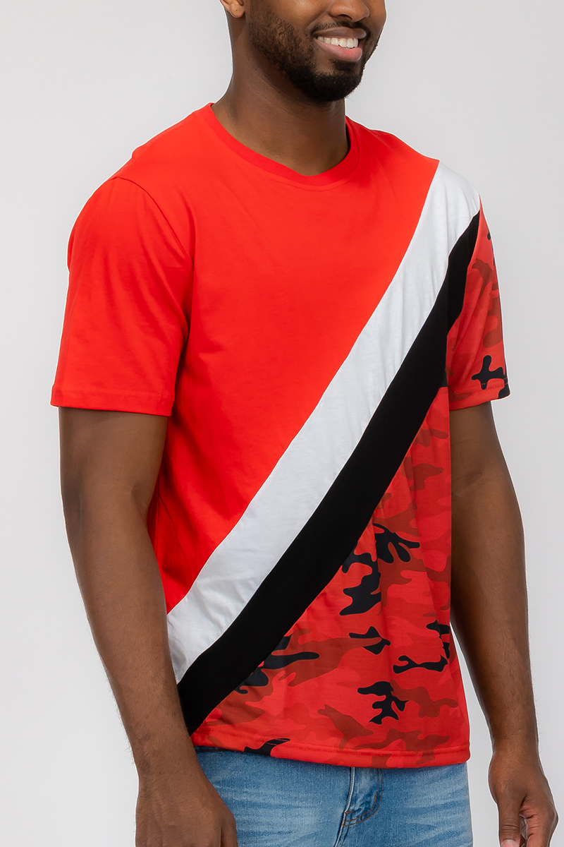 Half Camo Color Block T-shirt featuring solid and camo patterns, made from 100% cotton, perfect for casual wear.