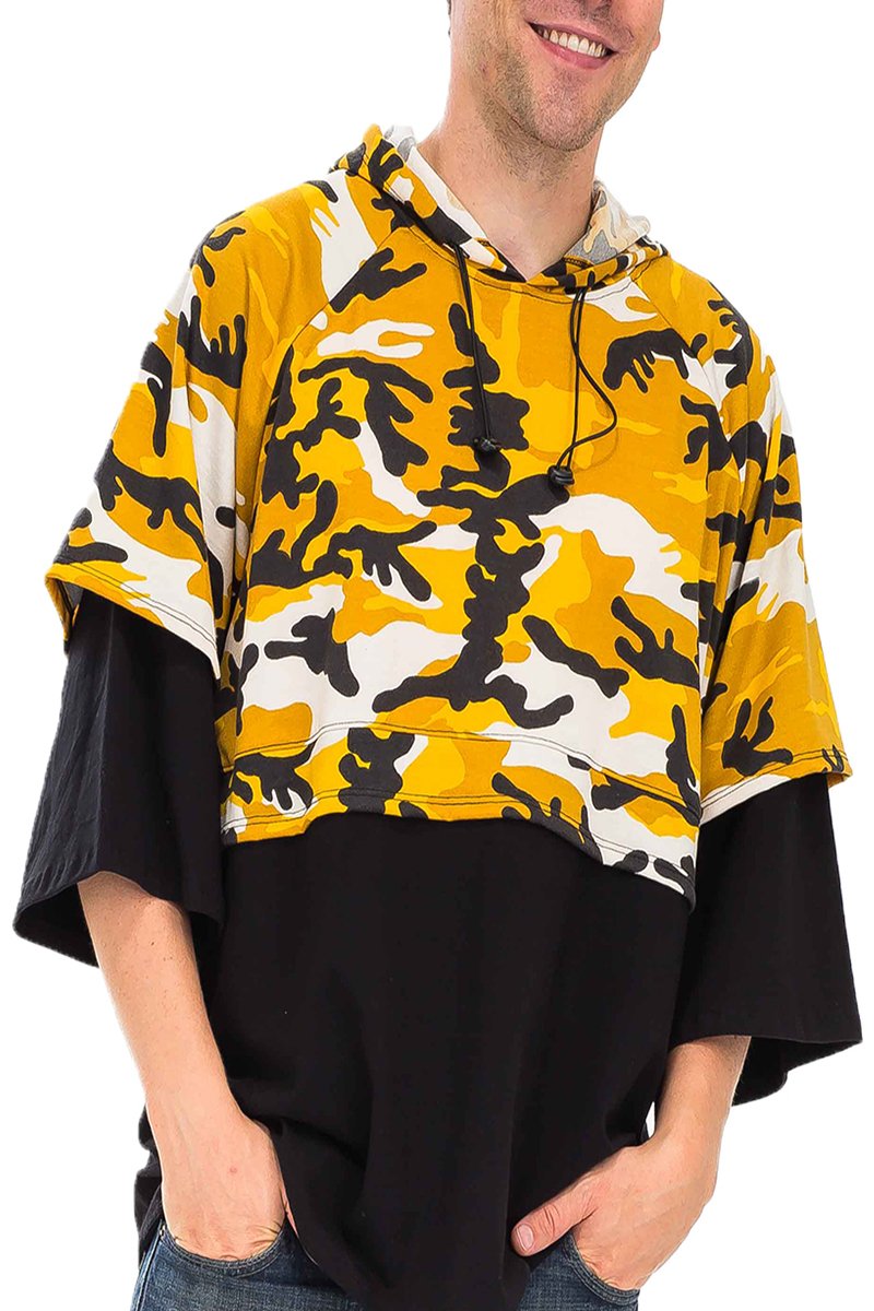 Half Camo French Terry Pullover featuring a stylish camo design, hood with drawstring, and oversized fit, perfect for casual wear.