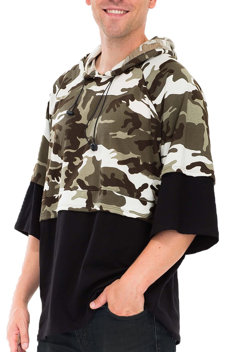 Half Camo French Terry Pullover featuring a stylish camo design, hood with drawstring, and oversized fit, perfect for casual wear.