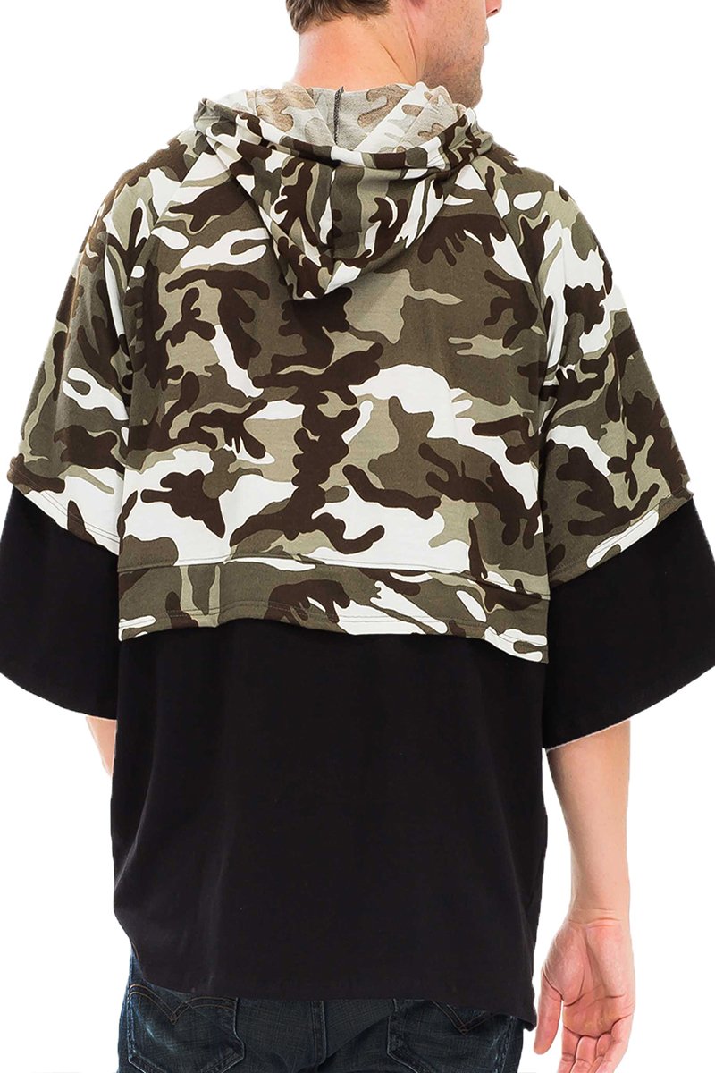 Half Camo French Terry Pullover featuring a stylish camo design, hood with drawstring, and oversized fit, perfect for casual wear.