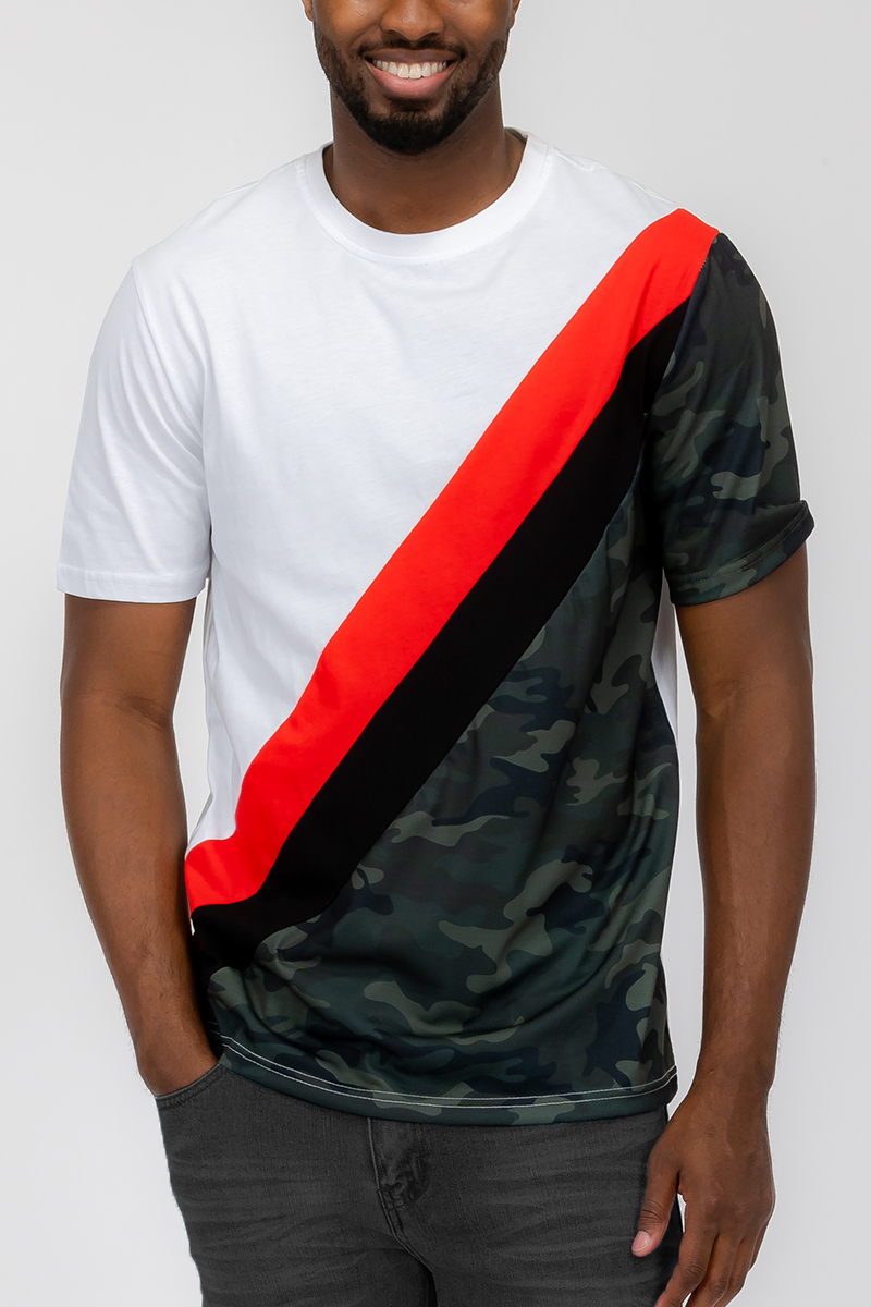 Half Color Block T-shirt featuring solid and camo patterns, made from 100% cotton, showcasing a regular fit design.