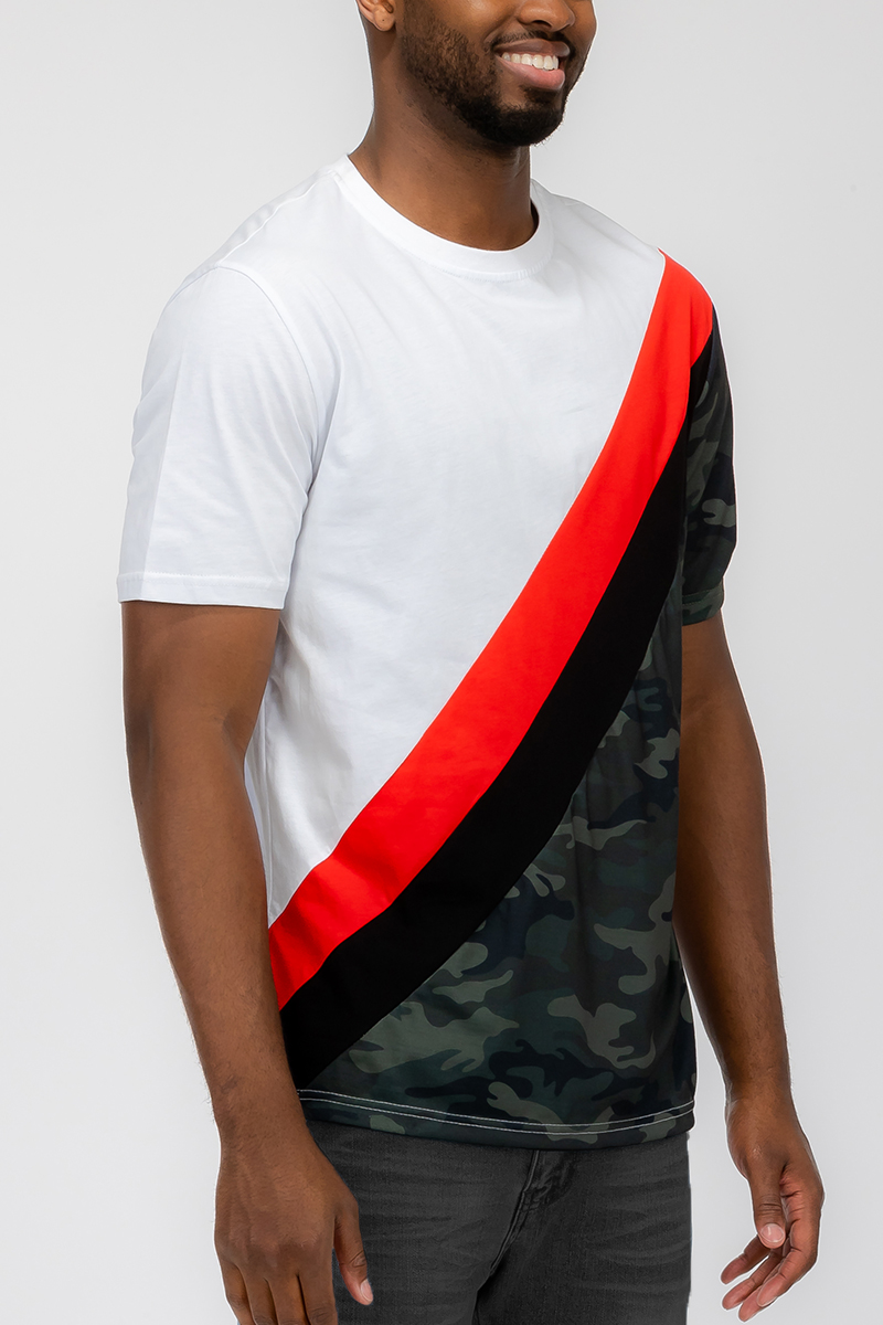 Half Color Block T-shirt featuring solid and camo patterns, made from 100% cotton, showcasing a regular fit design.