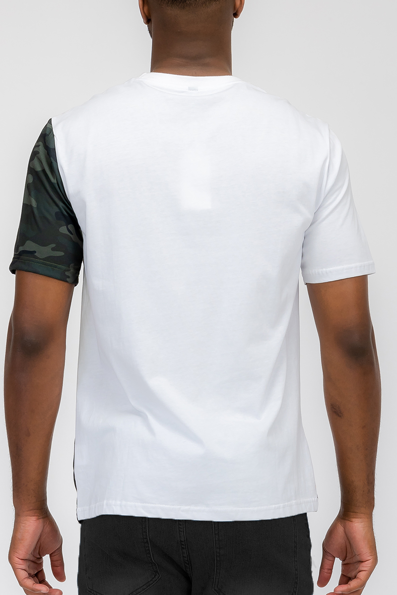 Half Color Block T-shirt featuring solid and camo patterns, made from 100% cotton, showcasing a regular fit design.