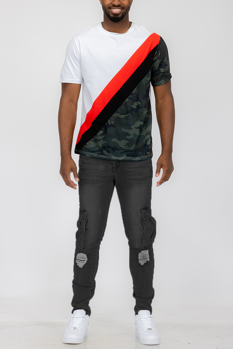 Half Color Block T-shirt featuring solid and camo patterns, made from 100% cotton, showcasing a regular fit design.