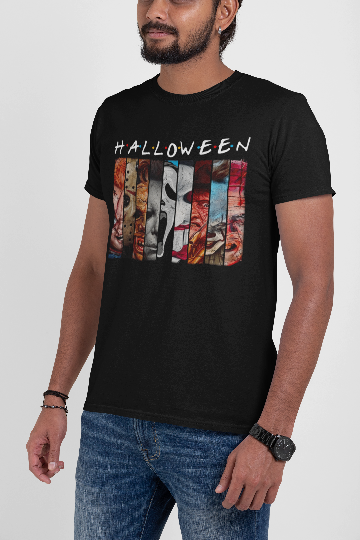 A stylish Halloween Villains T-Shirt featuring spooky graphics, made from soft ring-spun cotton, perfect for Halloween celebrations.