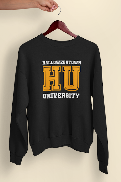 Halloweentown University Sweatshirt featuring a cozy design with ribbed collar and cuffs, perfect for Halloween lovers.