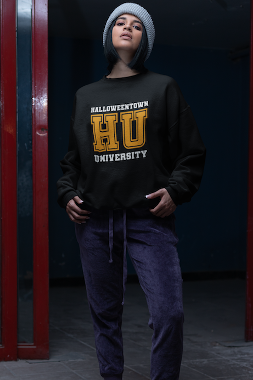 Halloweentown University Sweatshirt featuring a cozy design with ribbed collar and cuffs, perfect for Halloween lovers.