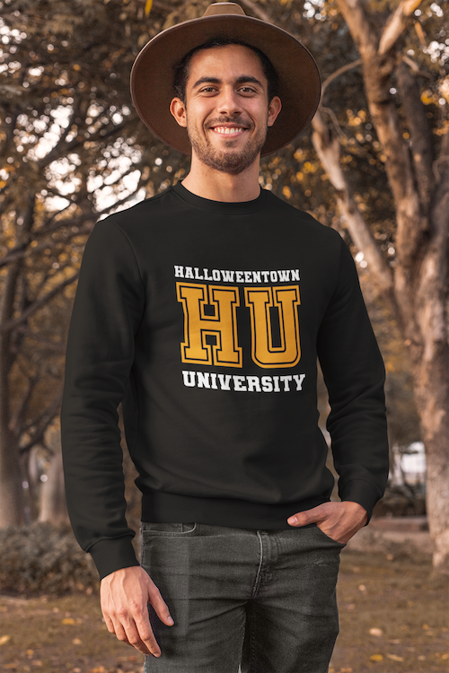 Halloweentown University Sweatshirt featuring a cozy design with ribbed collar and cuffs, perfect for Halloween lovers.