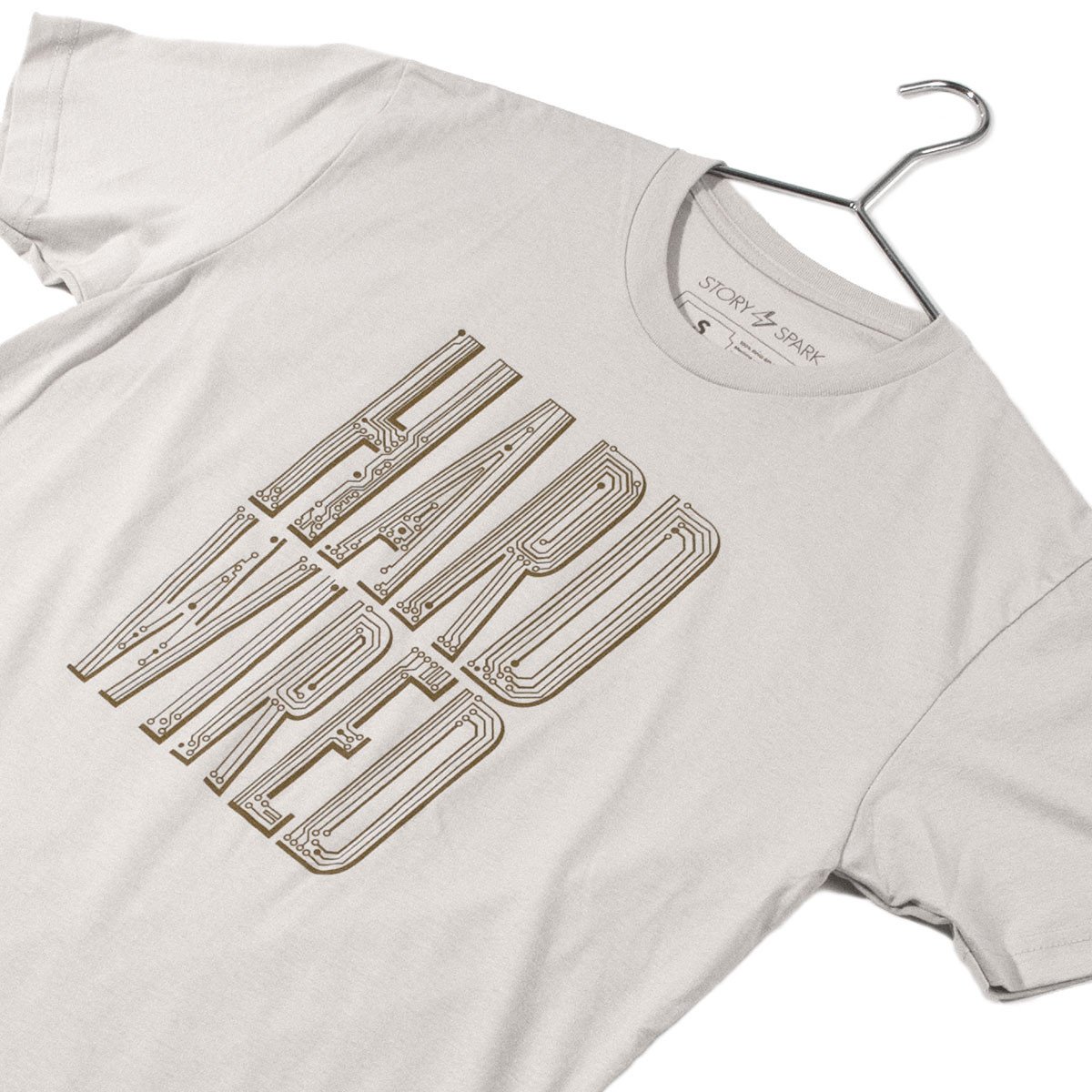 Hard Wired T-Shirt in sand grey with conductive typography design, showcasing a premium fitted style.