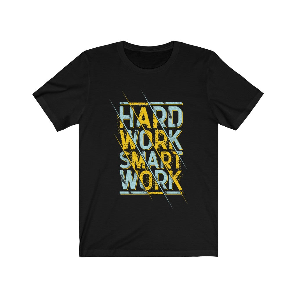 Hard Work Smart Work Lettering T-Shirt in soft cotton, showcasing unisex design and motivational lettering.