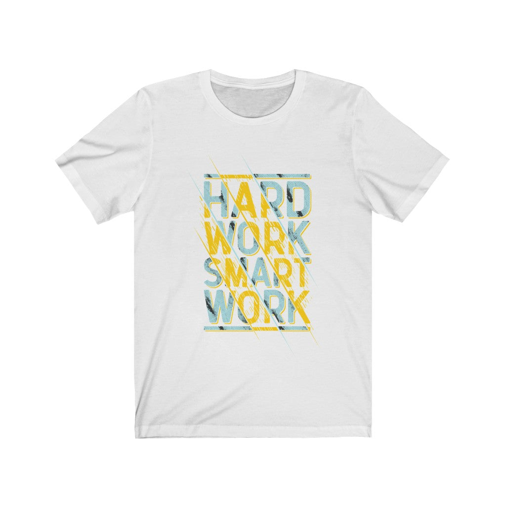 Hard Work Smart Work Lettering T-Shirt in soft cotton, showcasing unisex design and motivational lettering.