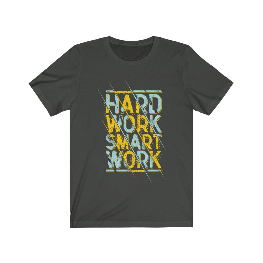 Hard Work Smart Work Lettering T-Shirt in soft cotton, showcasing unisex design and motivational lettering.