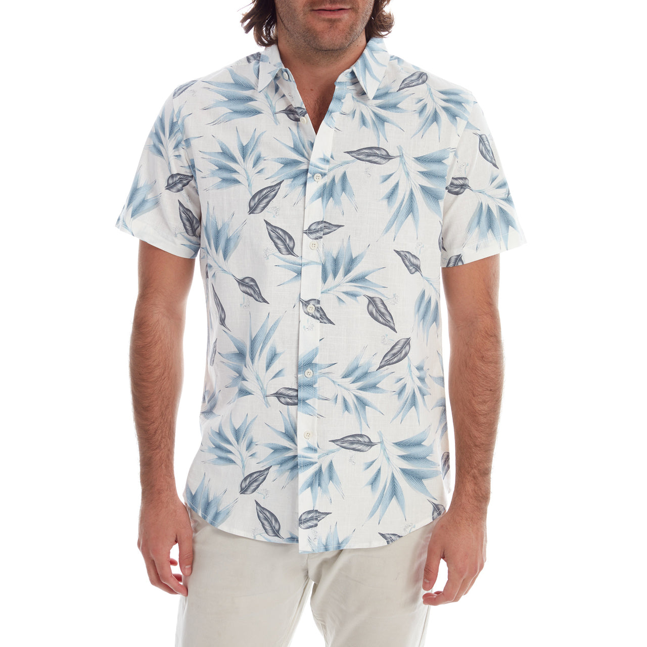 Harrison Printed Shirt featuring a floral all-over print design in white cotton fabric, perfect for summer wear.