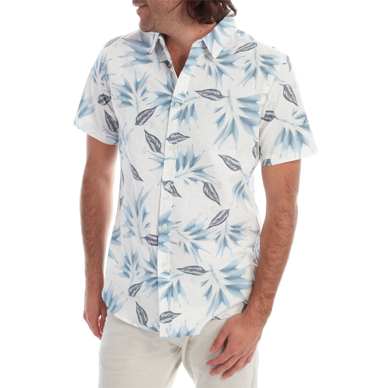 Harrison Printed Shirt featuring a floral all-over print design in white cotton fabric, perfect for summer wear.