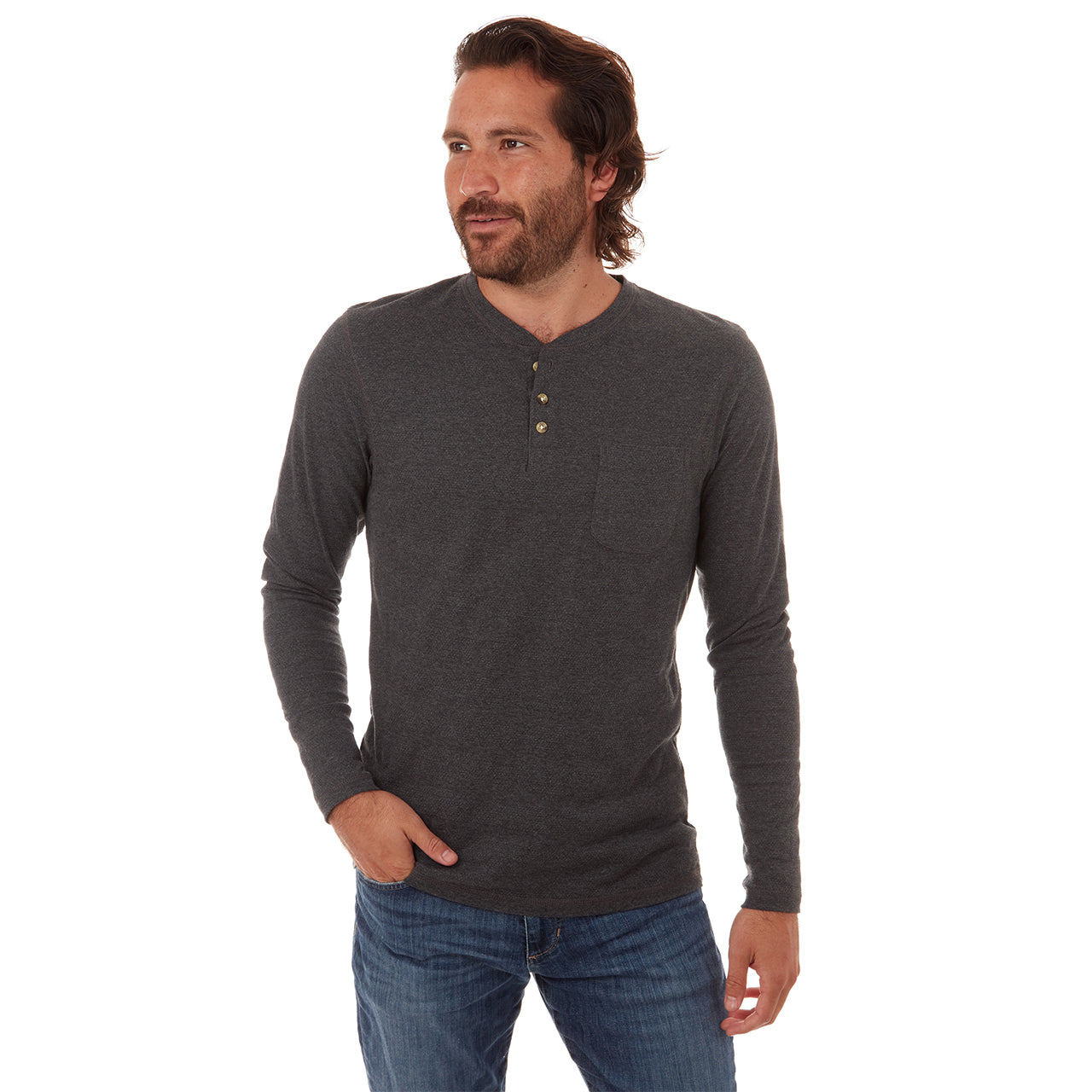 Harper Long Sleeve Henley in charcoal heather with novelty stripes and patch pocket, showcasing eco-friendly design.