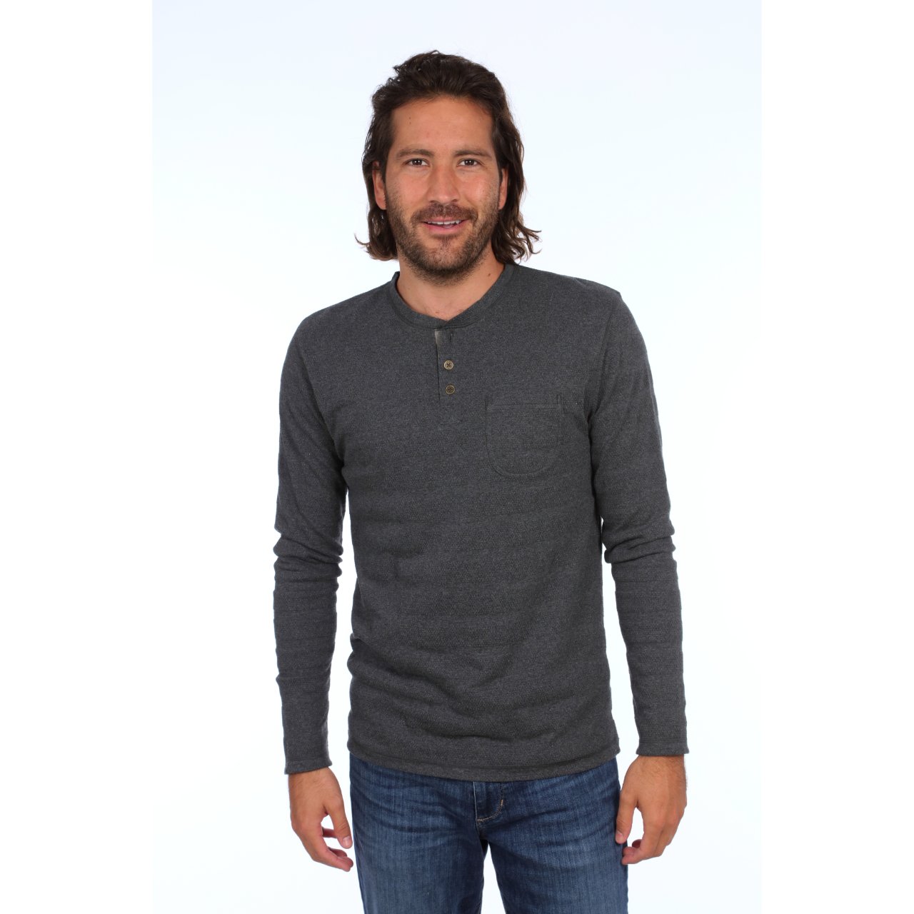 Harper Long Sleeve Henley in charcoal heather with novelty stripes and patch pocket, showcasing eco-friendly design.