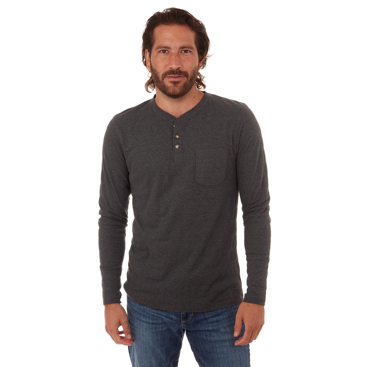 Harper Long Sleeve Henley in charcoal heather with novelty stripes and patch pocket, showcasing eco-friendly design.