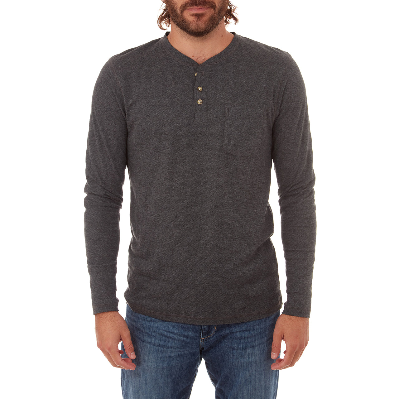 Harper Long Sleeve Henley in charcoal heather with novelty stripes and patch pocket, showcasing eco-friendly design.