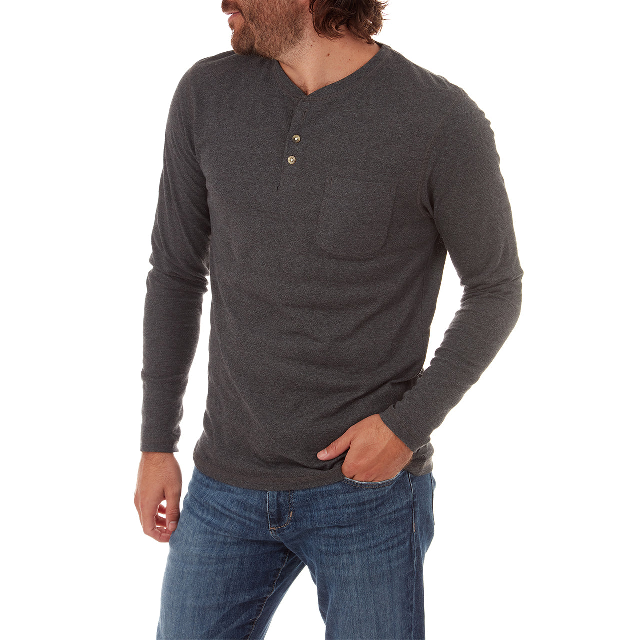 Harper Long Sleeve Henley in charcoal heather with novelty stripes and patch pocket, showcasing eco-friendly design.