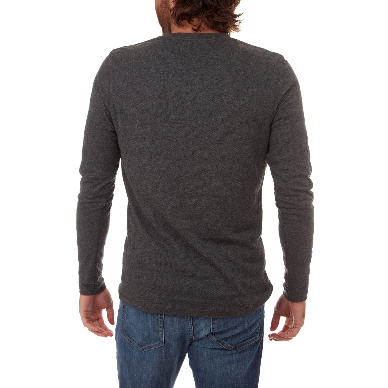 Harper Long Sleeve Henley in charcoal heather with novelty stripes and patch pocket, showcasing eco-friendly design.