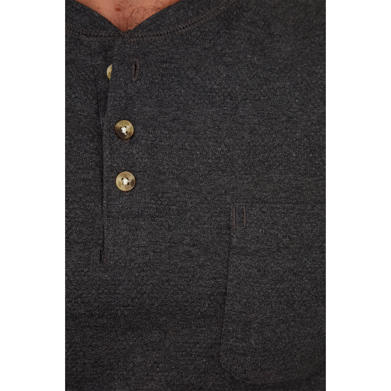 Harper Long Sleeve Henley in charcoal heather with novelty stripes and patch pocket, showcasing eco-friendly design.