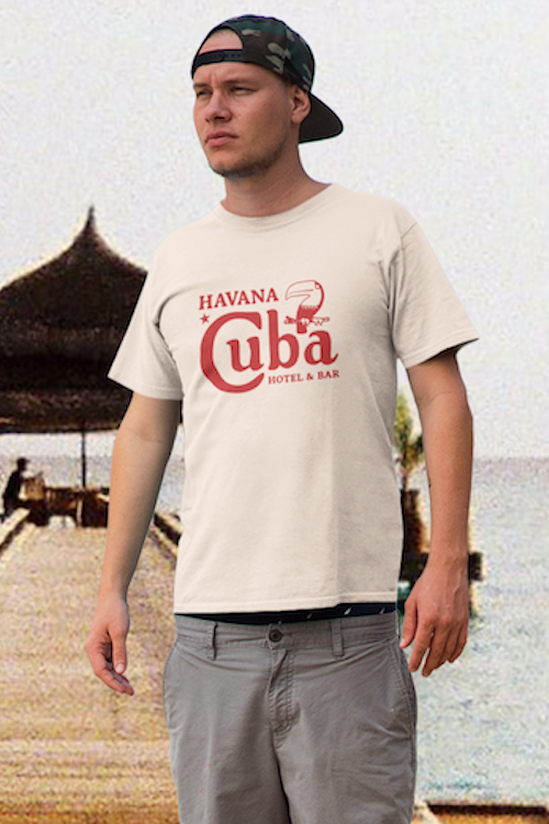 Havana Cuba Hotel and Bar T-Shirt featuring vibrant graphics on soft ring-spun cotton fabric, perfect for casual wear.