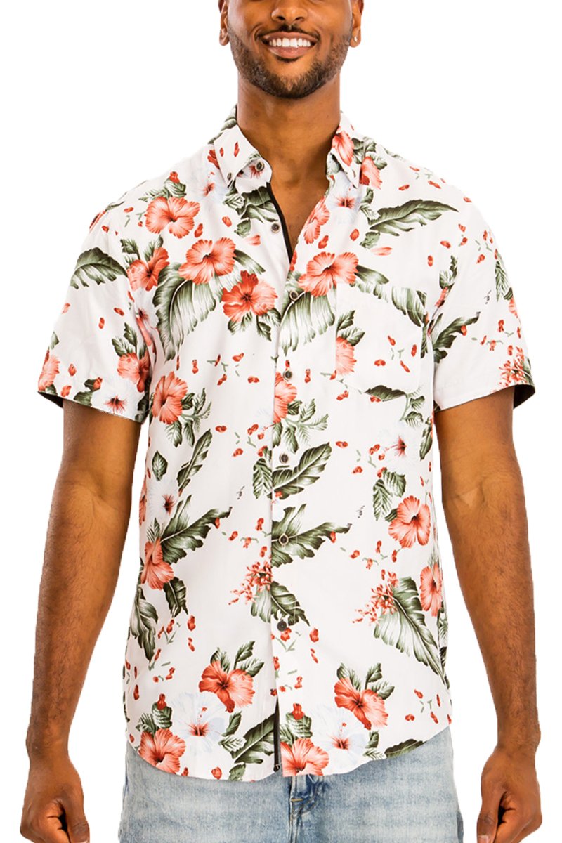 A vibrant Hawaiian button down shirt featuring a unique digital all-over print, showcasing tropical patterns and colors.