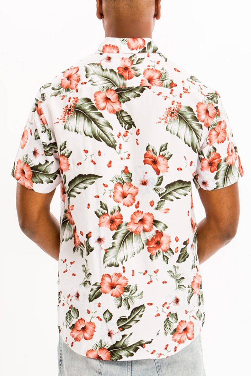 A vibrant Hawaiian button down shirt featuring a unique digital all-over print, showcasing tropical patterns and colors.