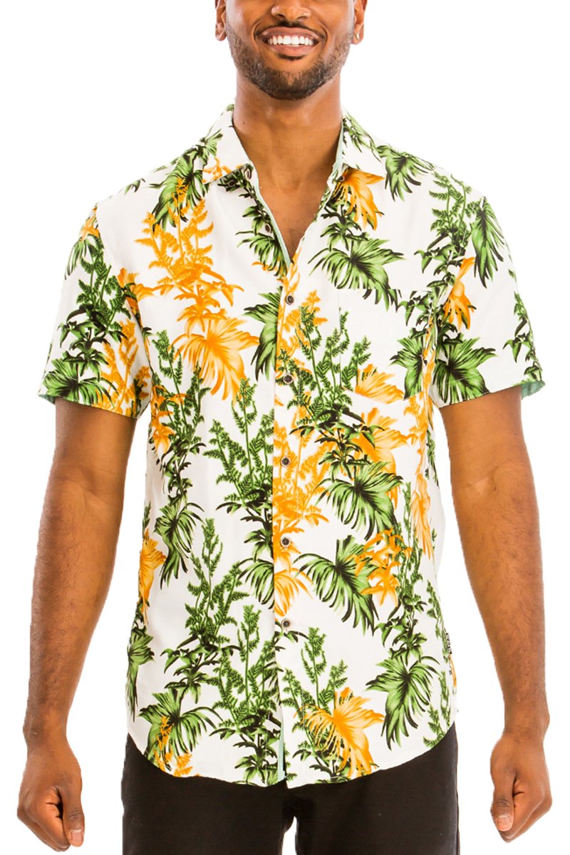 A vibrant Hawaiian button down shirt featuring tropical prints, perfect for summer wear.