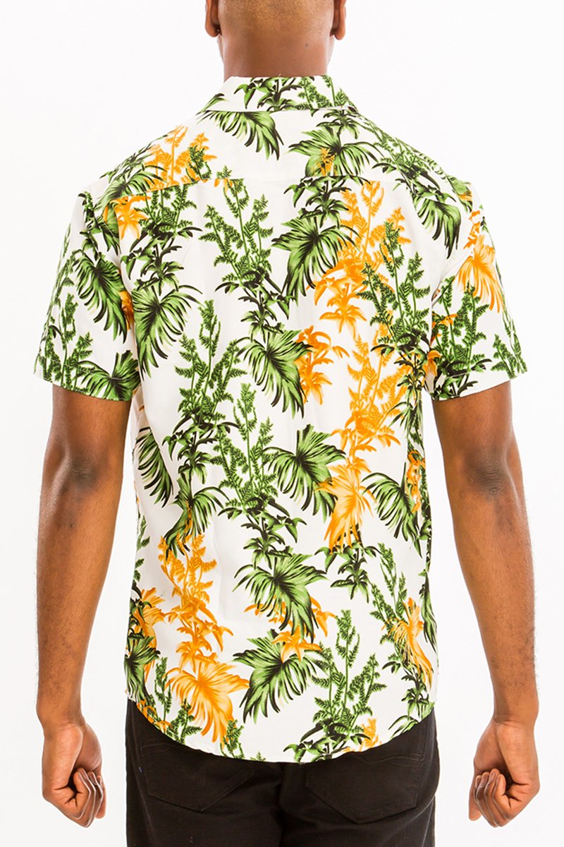 A vibrant Hawaiian button down shirt featuring tropical prints, perfect for summer wear.