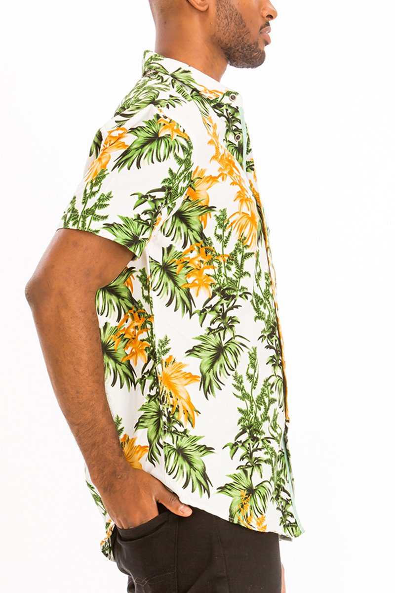 A vibrant Hawaiian button down shirt featuring tropical prints, perfect for summer wear.