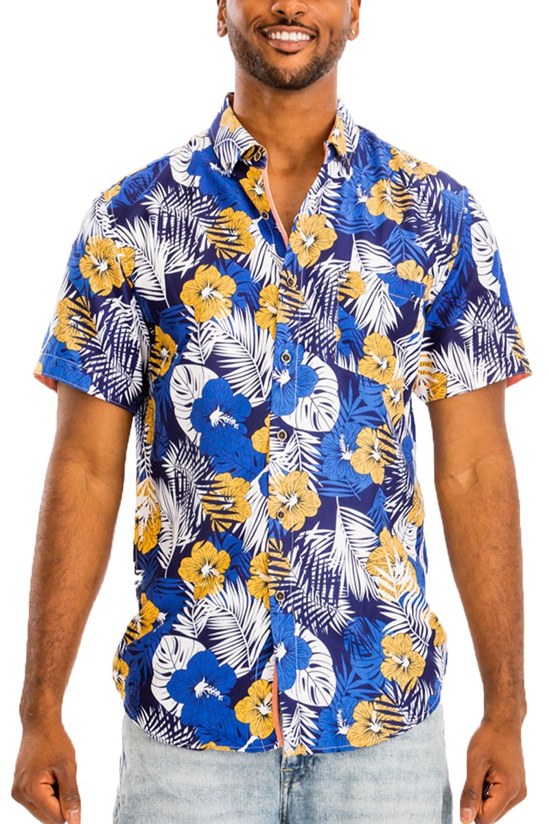 A vibrant Hawaiian button down shirt featuring a unique digital all-over print, showcasing a chest pocket and a regular fit.