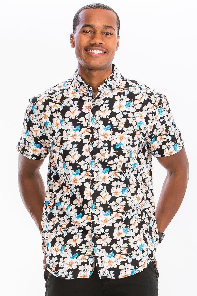 A vibrant Hawaiian Button Down shirt featuring tropical patterns, button closure, and a chest pocket, perfect for summer wear.