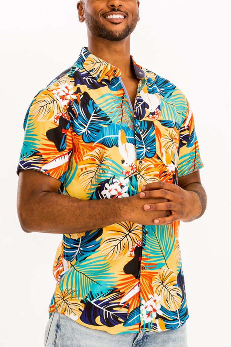 A vibrant Hawaiian Button Down Shirt featuring a unique digital print, chest pocket, and a regular fit, perfect for casual wear.