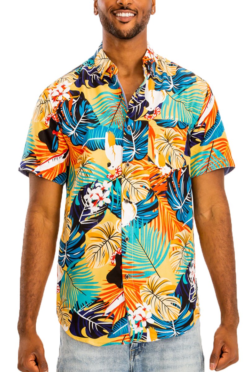 A vibrant Hawaiian Button Down Shirt featuring a unique digital print, chest pocket, and a regular fit, perfect for casual wear.